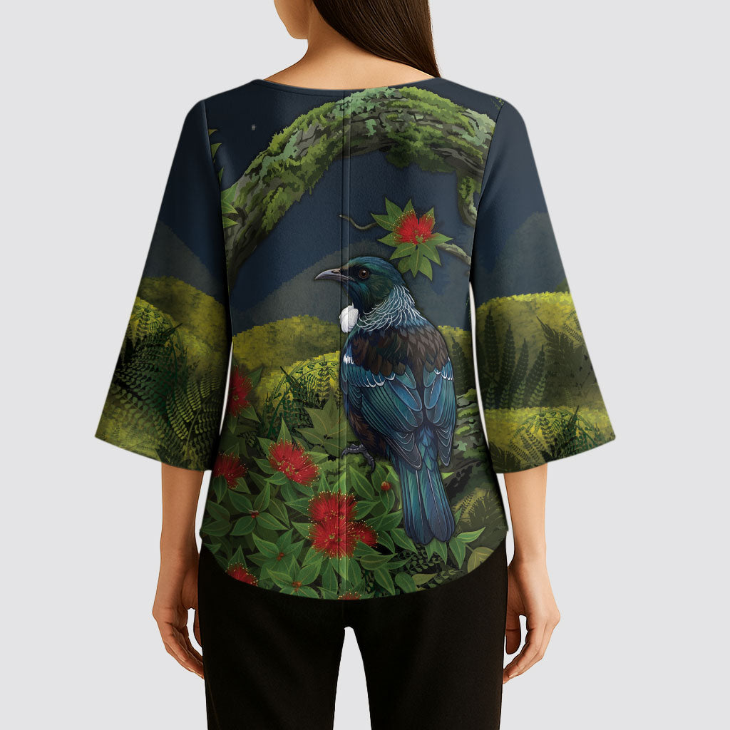 Rongoa Maori New Zealand Rata Kimono Sleeve Blouse NZ Tui Bird Forest Vibes