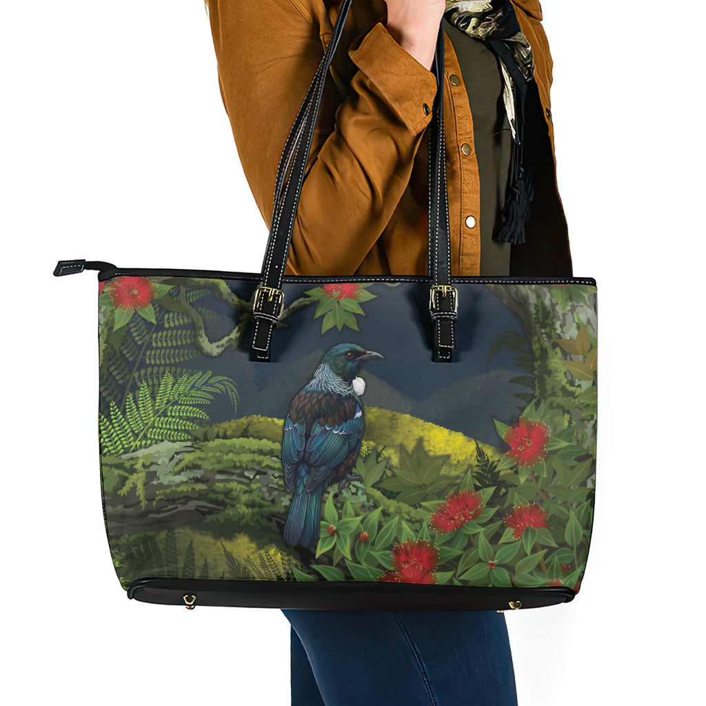 Rongoa Maori New Zealand Rata Leather Tote Bag NZ Tui Bird Forest Vibes