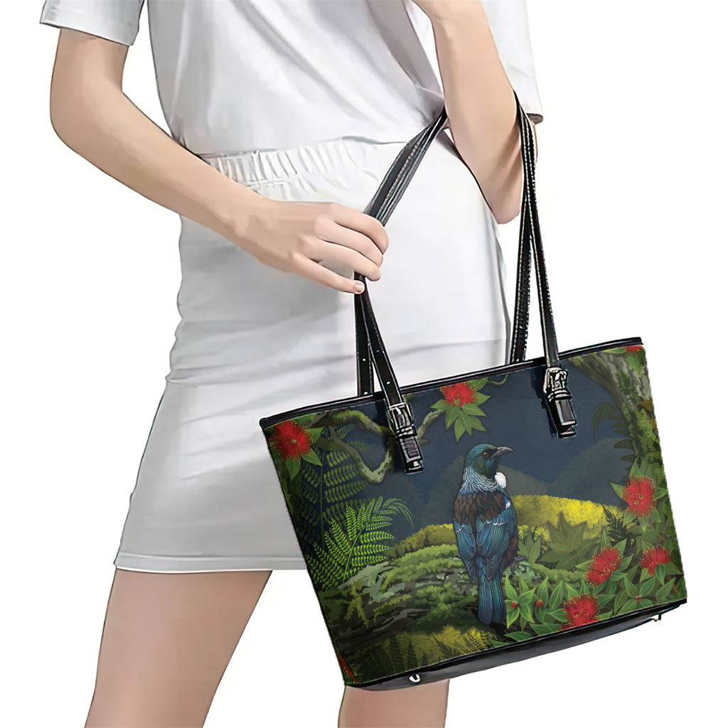 Rongoa Maori New Zealand Rata Leather Tote Bag NZ Tui Bird Forest Vibes