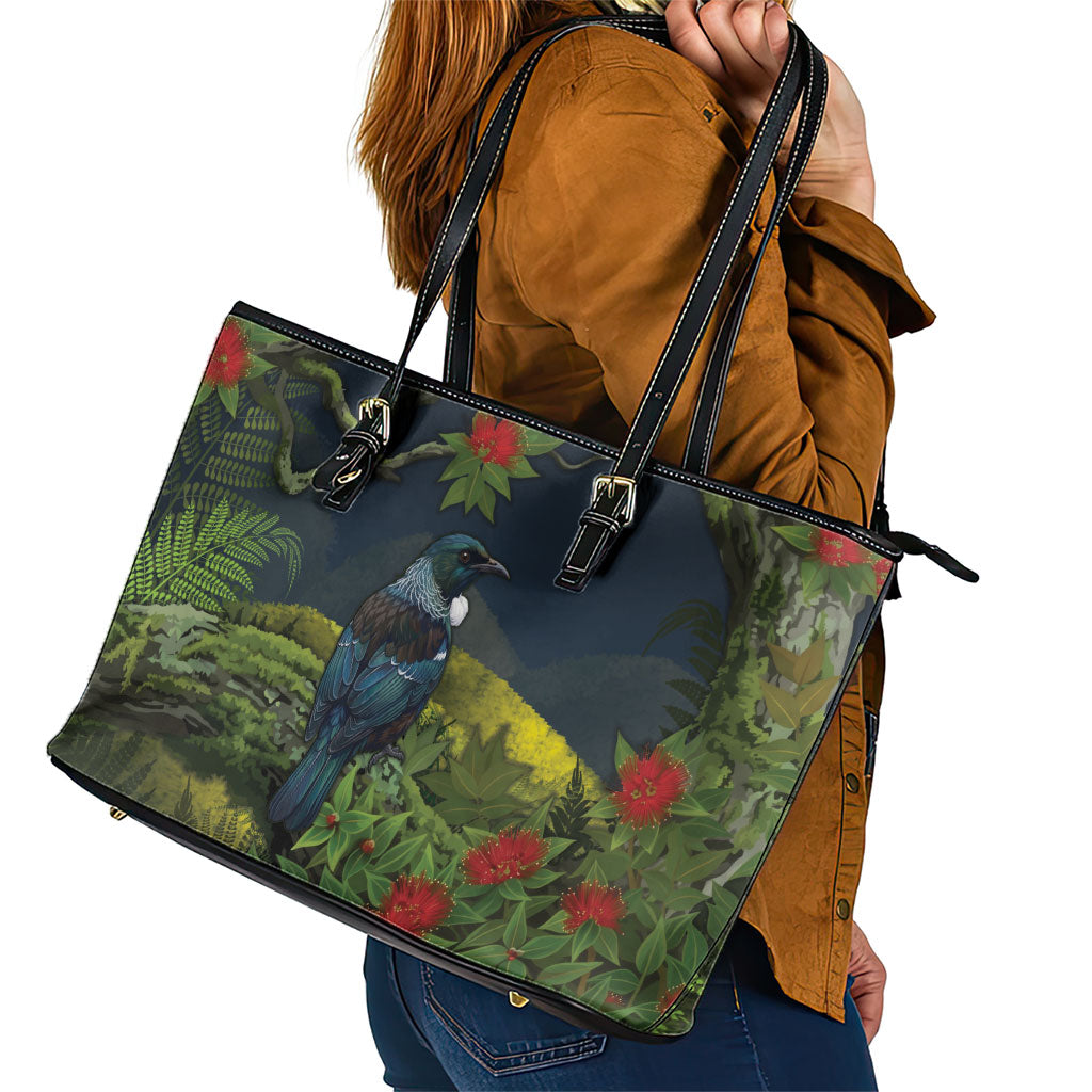 Rongoa Maori New Zealand Rata Leather Tote Bag NZ Tui Bird Forest Vibes