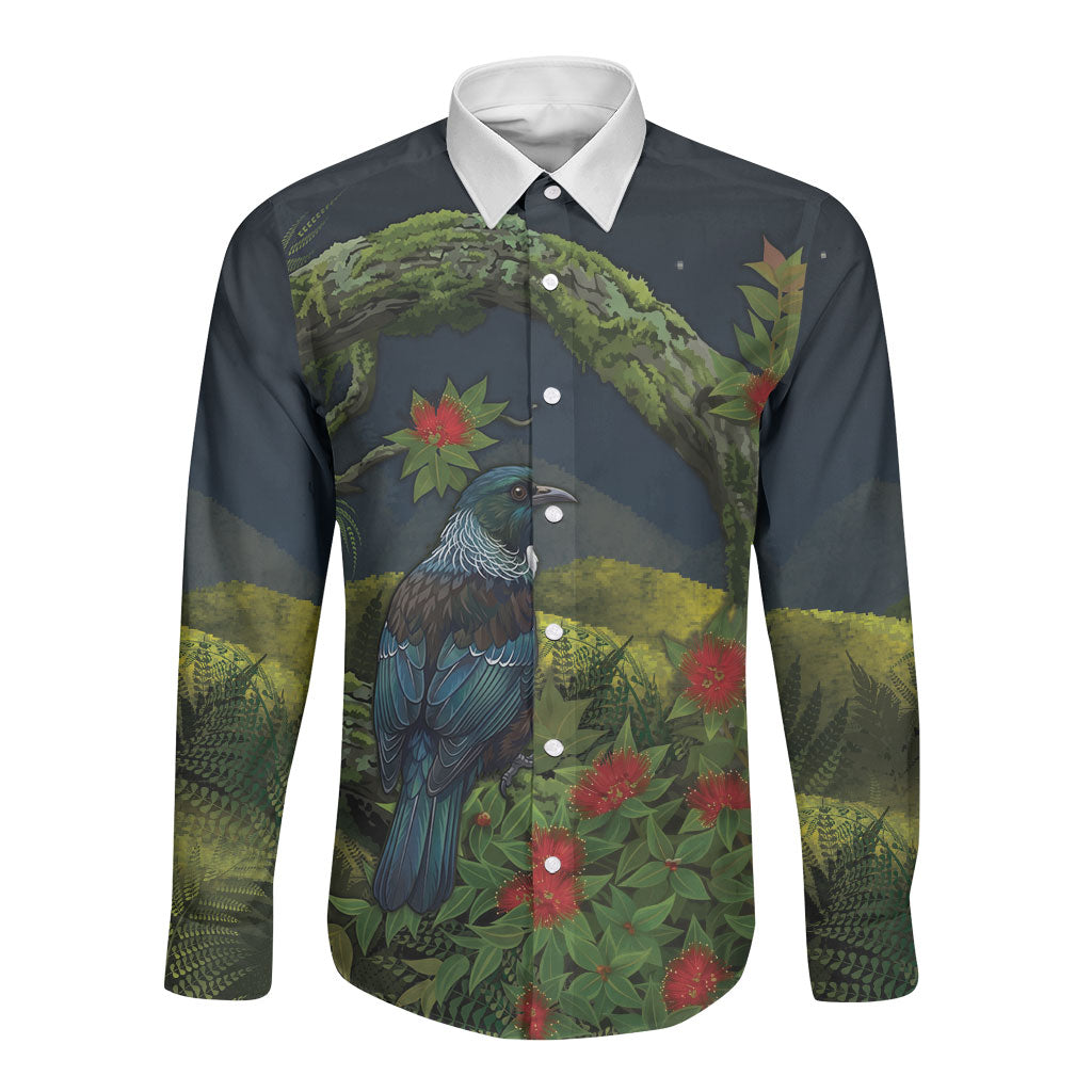 Rongoa Maori New Zealand Rata Long Sleeve Button Shirt NZ Tui Bird Forest Vibes