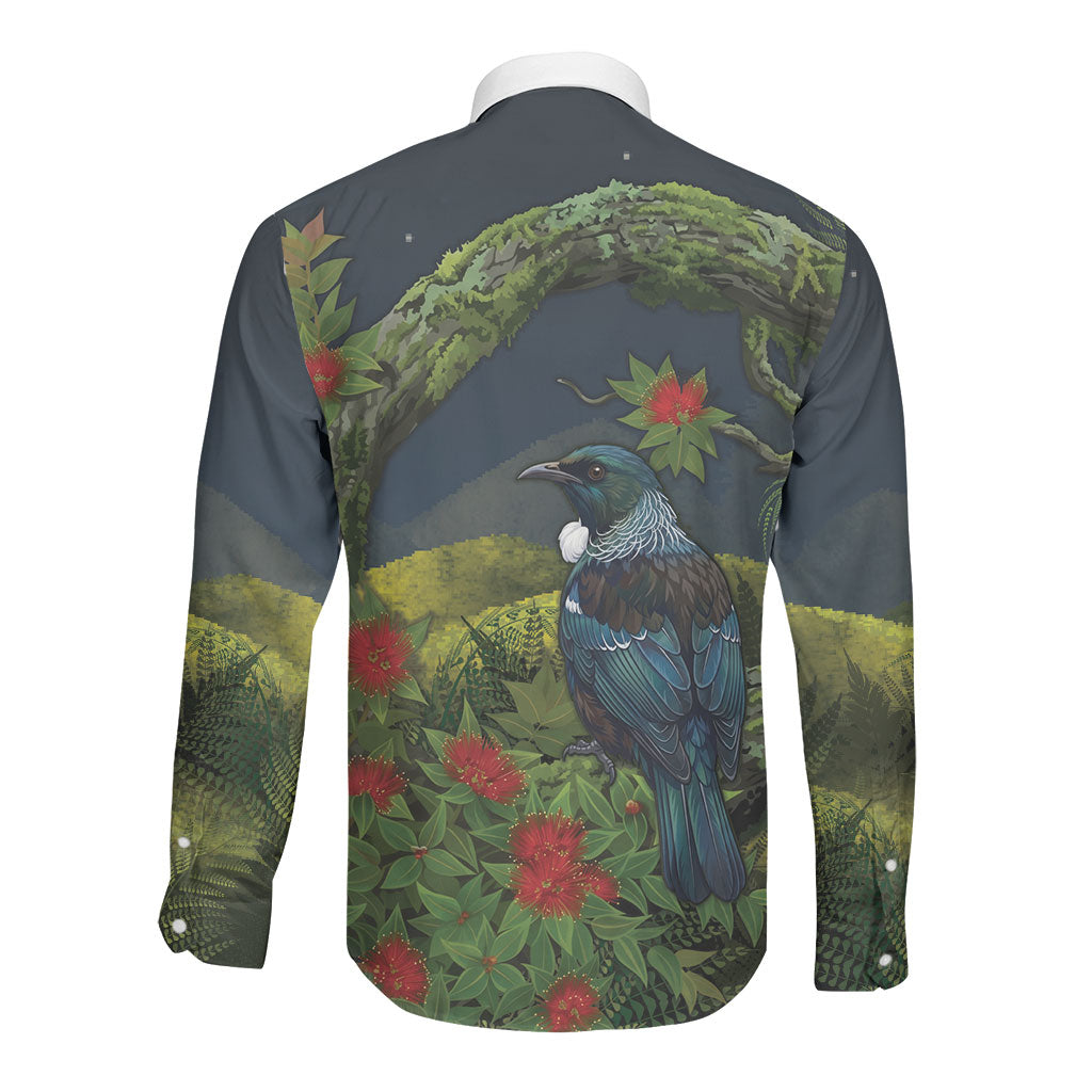 Rongoa Maori New Zealand Rata Long Sleeve Button Shirt NZ Tui Bird Forest Vibes