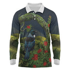 Rongoa Maori New Zealand Rata Long Sleeve Polo Shirt NZ Tui Bird Forest Vibes