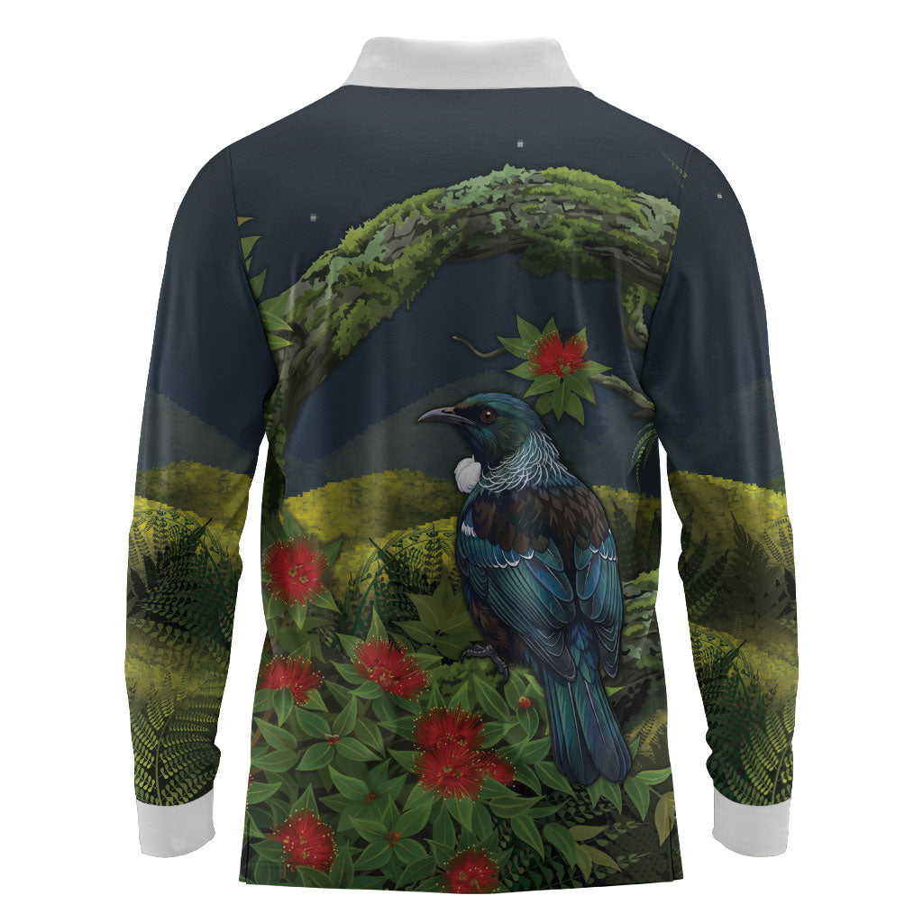 Rongoa Maori New Zealand Rata Long Sleeve Polo Shirt NZ Tui Bird Forest Vibes