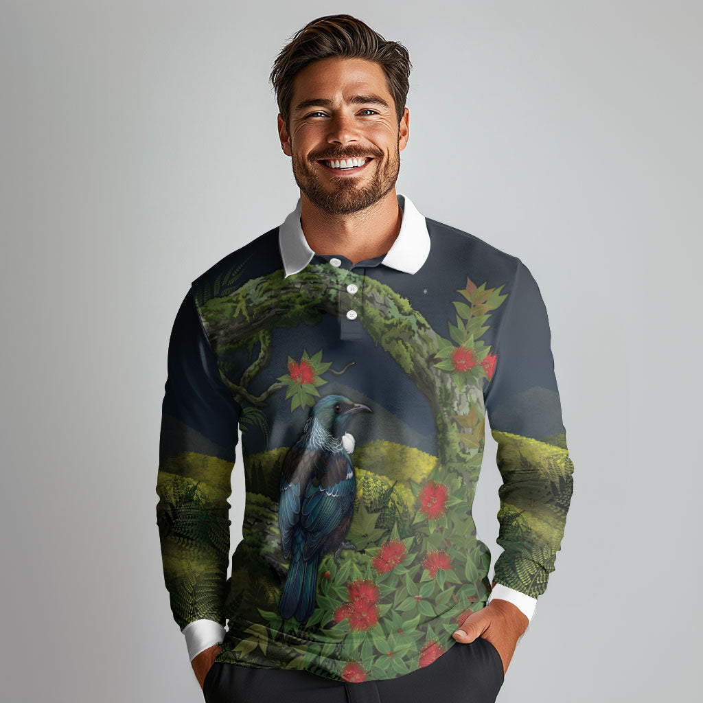 Rongoa Maori New Zealand Rata Long Sleeve Polo Shirt NZ Tui Bird Forest Vibes