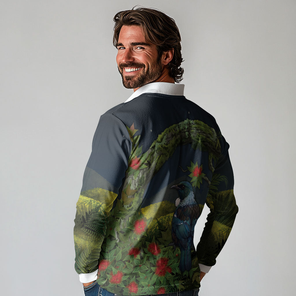 Rongoa Maori New Zealand Rata Long Sleeve Polo Shirt NZ Tui Bird Forest Vibes