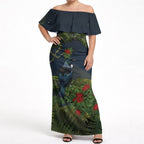 Rongoa Maori New Zealand Rata Off Shoulder Maxi Dress NZ Tui Bird Forest Vibes