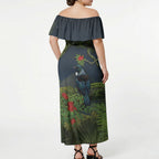 Rongoa Maori New Zealand Rata Off Shoulder Maxi Dress NZ Tui Bird Forest Vibes