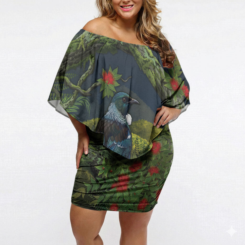 Rongoa Maori New Zealand Rata Off Shoulder Short Dress NZ Tui Bird Forest Vibes