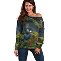 Rongoa Maori New Zealand Rata Off Shoulder Sweater NZ Tui Bird Forest Vibes