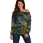 Rongoa Maori New Zealand Rata Off Shoulder Sweater NZ Tui Bird Forest Vibes