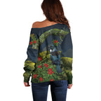 Rongoa Maori New Zealand Rata Off Shoulder Sweater NZ Tui Bird Forest Vibes