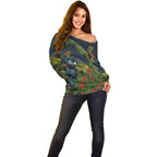Rongoa Maori New Zealand Rata Off Shoulder Sweater NZ Tui Bird Forest Vibes