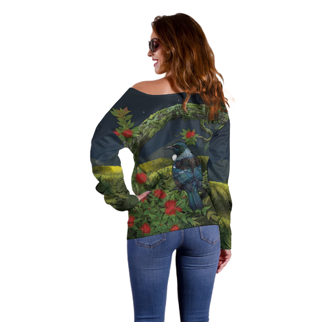 Rongoa Maori New Zealand Rata Off Shoulder Sweater NZ Tui Bird Forest Vibes