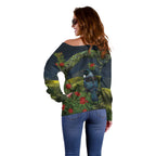 Rongoa Maori New Zealand Rata Off Shoulder Sweater NZ Tui Bird Forest Vibes