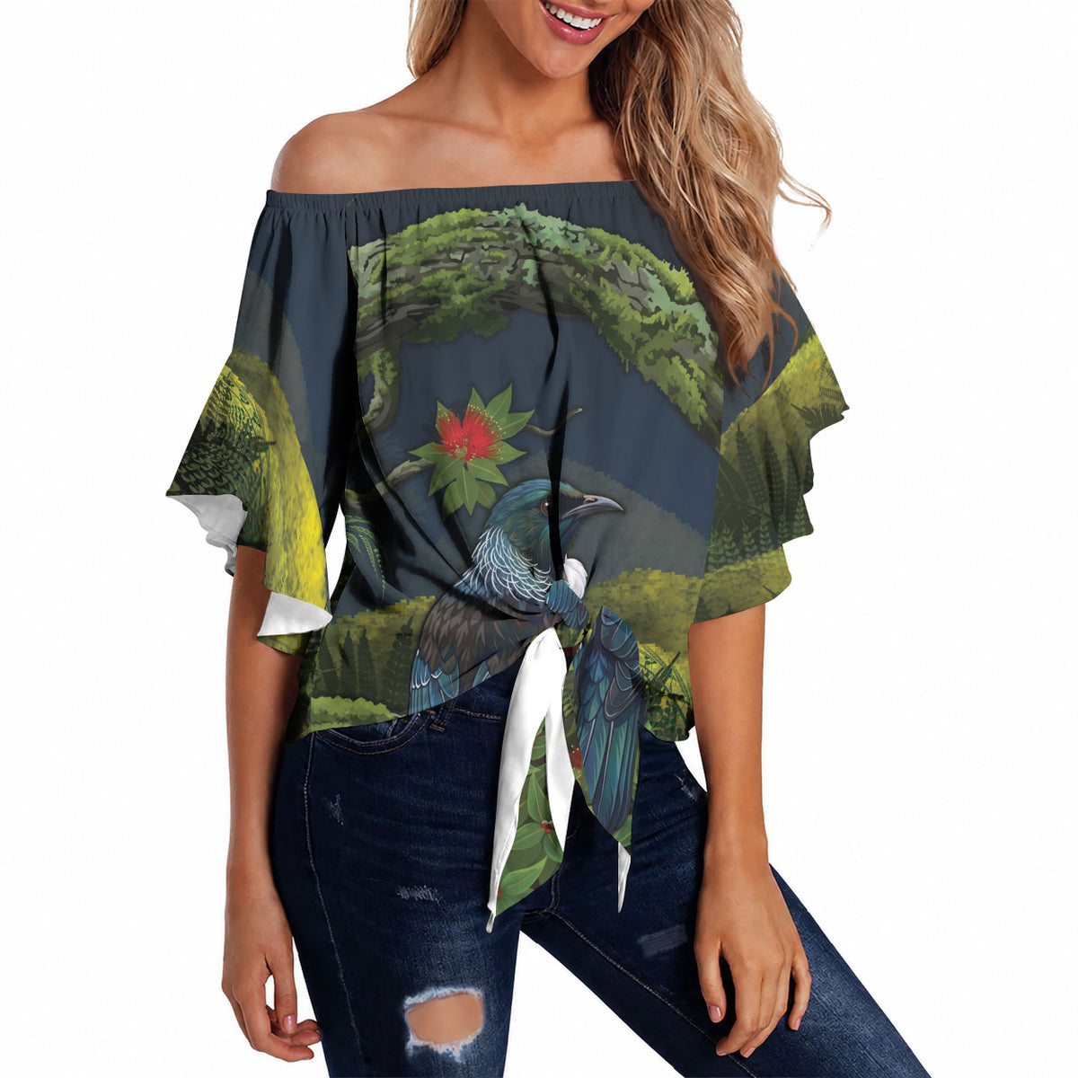 Rongoa Maori New Zealand Rata Off Shoulder Wrap Waist Top NZ Tui Bird Forest Vibes