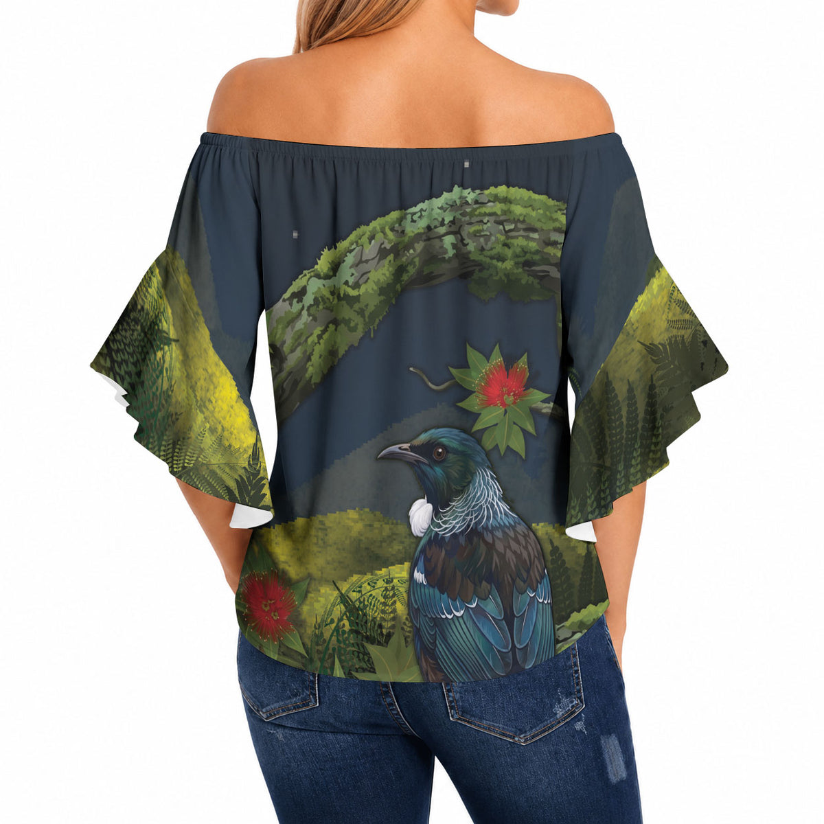 Rongoa Maori New Zealand Rata Off Shoulder Wrap Waist Top NZ Tui Bird Forest Vibes