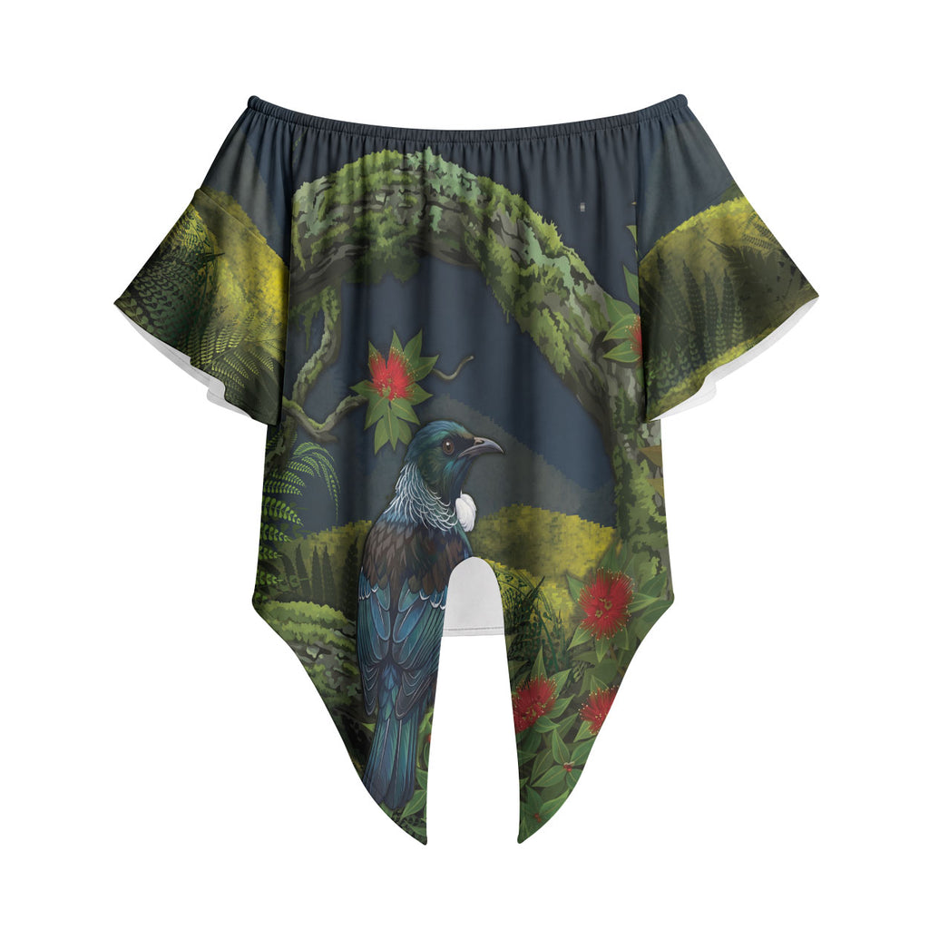 Rongoa Maori New Zealand Rata Off Shoulder Wrap Waist Top NZ Tui Bird Forest Vibes