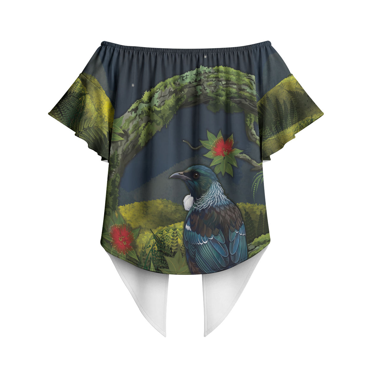 Rongoa Maori New Zealand Rata Off Shoulder Wrap Waist Top NZ Tui Bird Forest Vibes