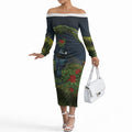 Rongoa Maori New Zealand Rata Off The Shoulder Long Sleeve Dress NZ Tui Bird Forest Vibes