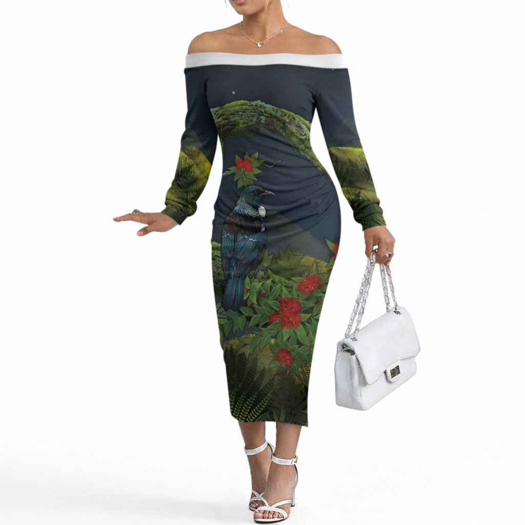 Rongoa Maori New Zealand Rata Off The Shoulder Long Sleeve Dress NZ Tui Bird Forest Vibes