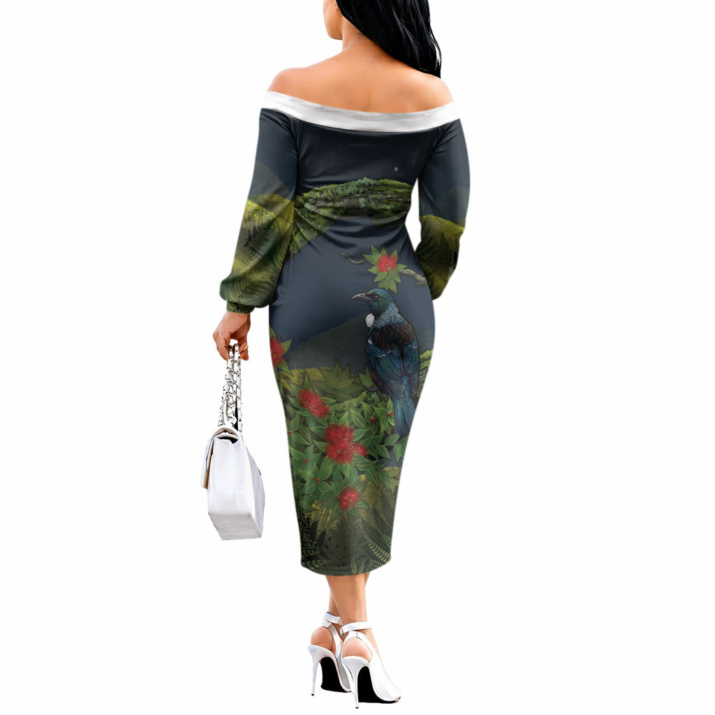 Rongoa Maori New Zealand Rata Off The Shoulder Long Sleeve Dress NZ Tui Bird Forest Vibes