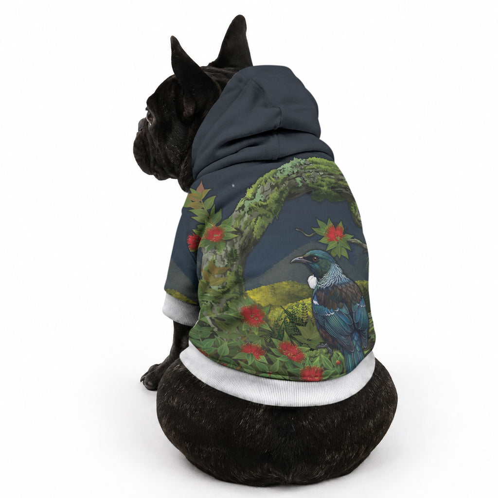 Rongoa Maori New Zealand Rata Pet Hoodie NZ Tui Bird Forest Vibes