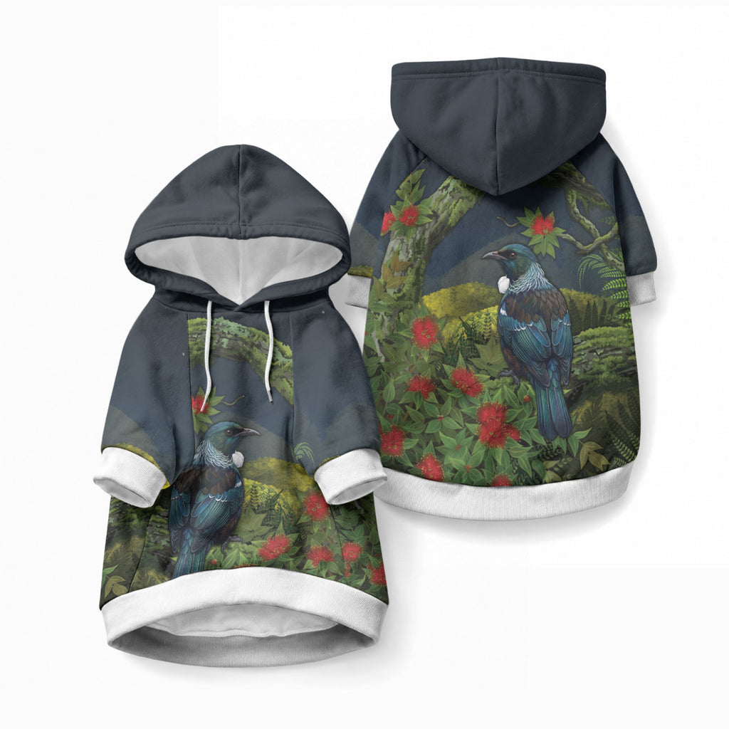 Rongoa Maori New Zealand Rata Pet Hoodie NZ Tui Bird Forest Vibes