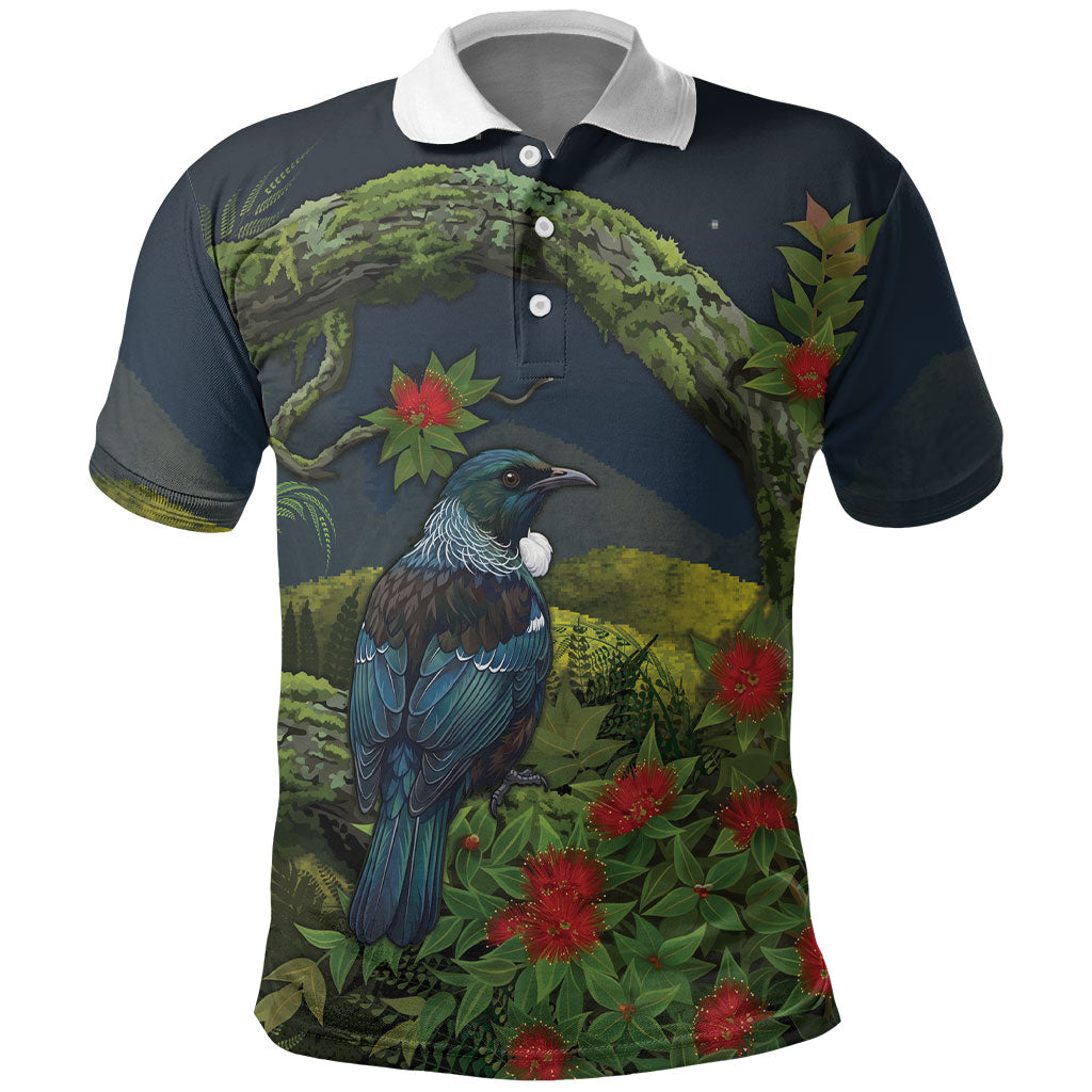 Rongoa Maori New Zealand Rata Polo Shirt NZ Tui Bird Forest Vibes