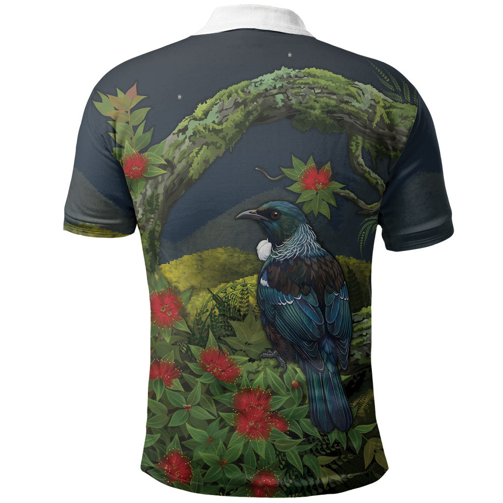 Rongoa Maori New Zealand Rata Polo Shirt NZ Tui Bird Forest Vibes