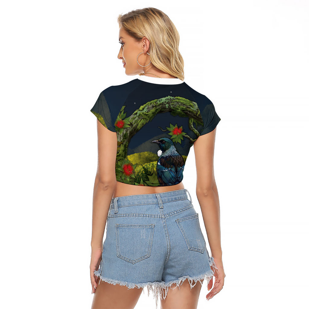 Rongoa Maori New Zealand Rata Raglan Cropped T Shirt NZ Tui Bird Forest Vibes