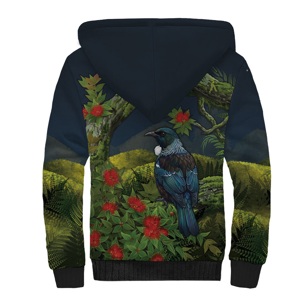 Rongoa Maori New Zealand Rata Sherpa Hoodie NZ Tui Bird Forest Vibes