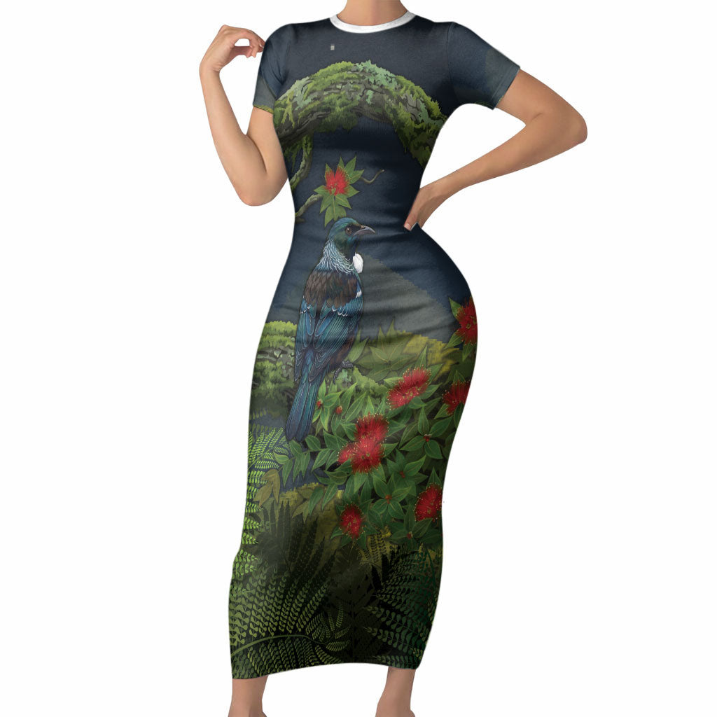 Rongoa Maori New Zealand Rata Short Sleeve Bodycon Dress NZ Tui Bird Forest Vibes