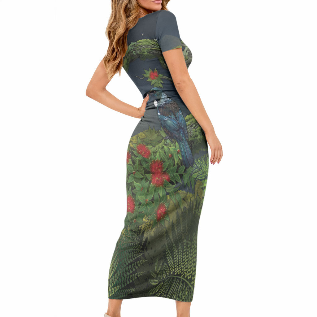 Rongoa Maori New Zealand Rata Short Sleeve Bodycon Dress NZ Tui Bird Forest Vibes