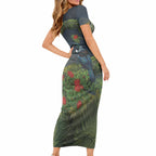 Rongoa Maori New Zealand Rata Short Sleeve Bodycon Dress NZ Tui Bird Forest Vibes