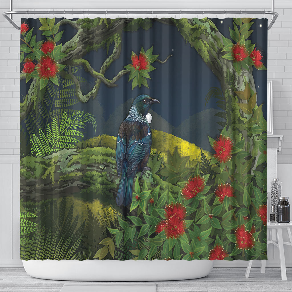 Rongoa Maori New Zealand Rata Shower Curtain NZ Tui Bird Forest Vibes