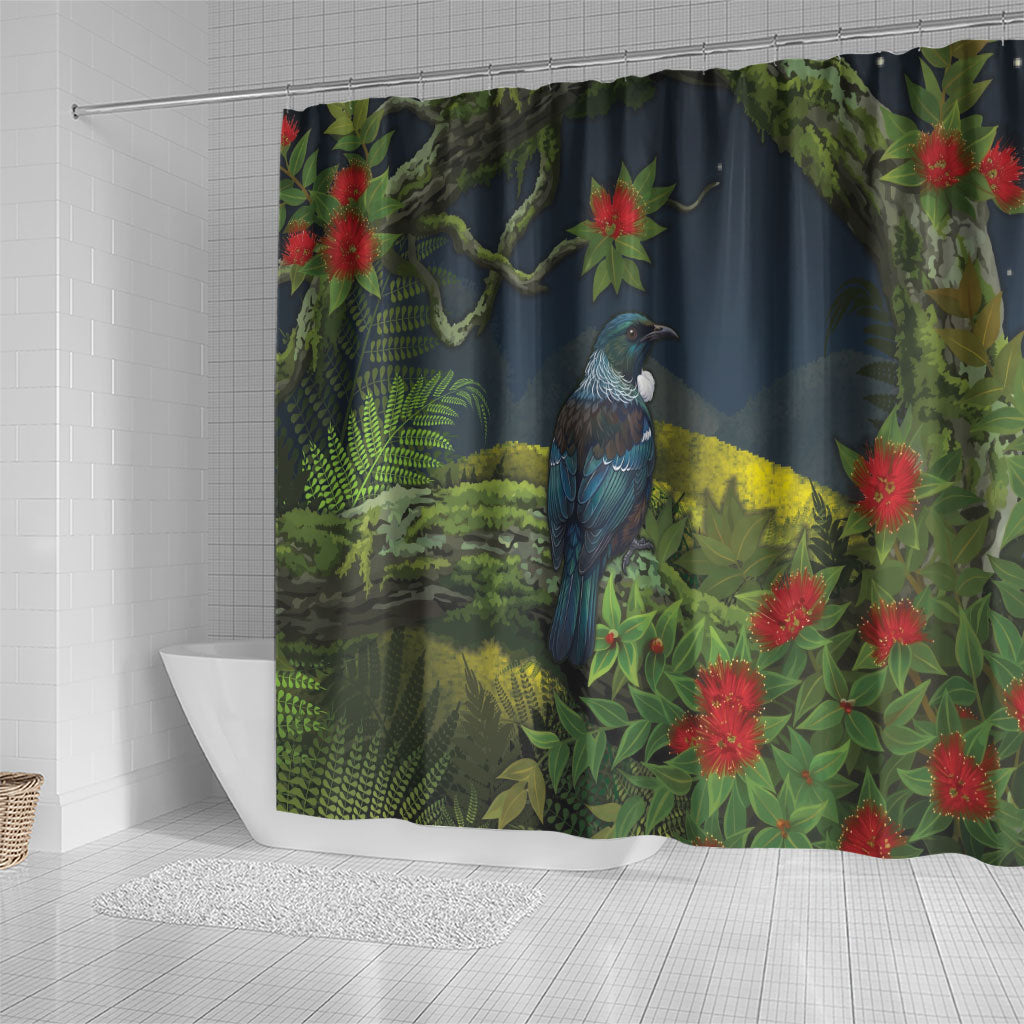 Rongoa Maori New Zealand Rata Shower Curtain NZ Tui Bird Forest Vibes