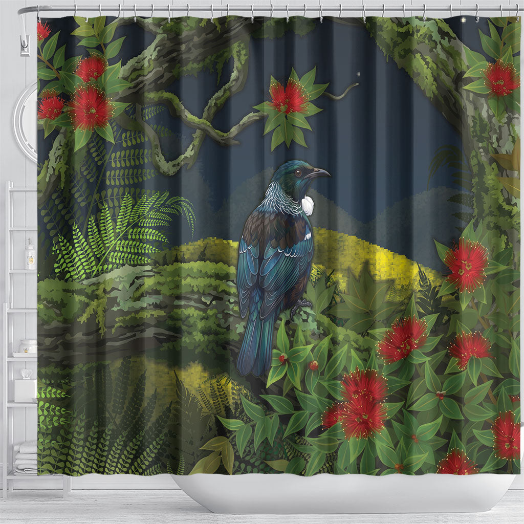 Rongoa Maori New Zealand Rata Shower Curtain NZ Tui Bird Forest Vibes