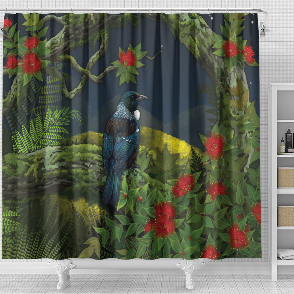 Rongoa Maori New Zealand Rata Shower Curtain NZ Tui Bird Forest Vibes