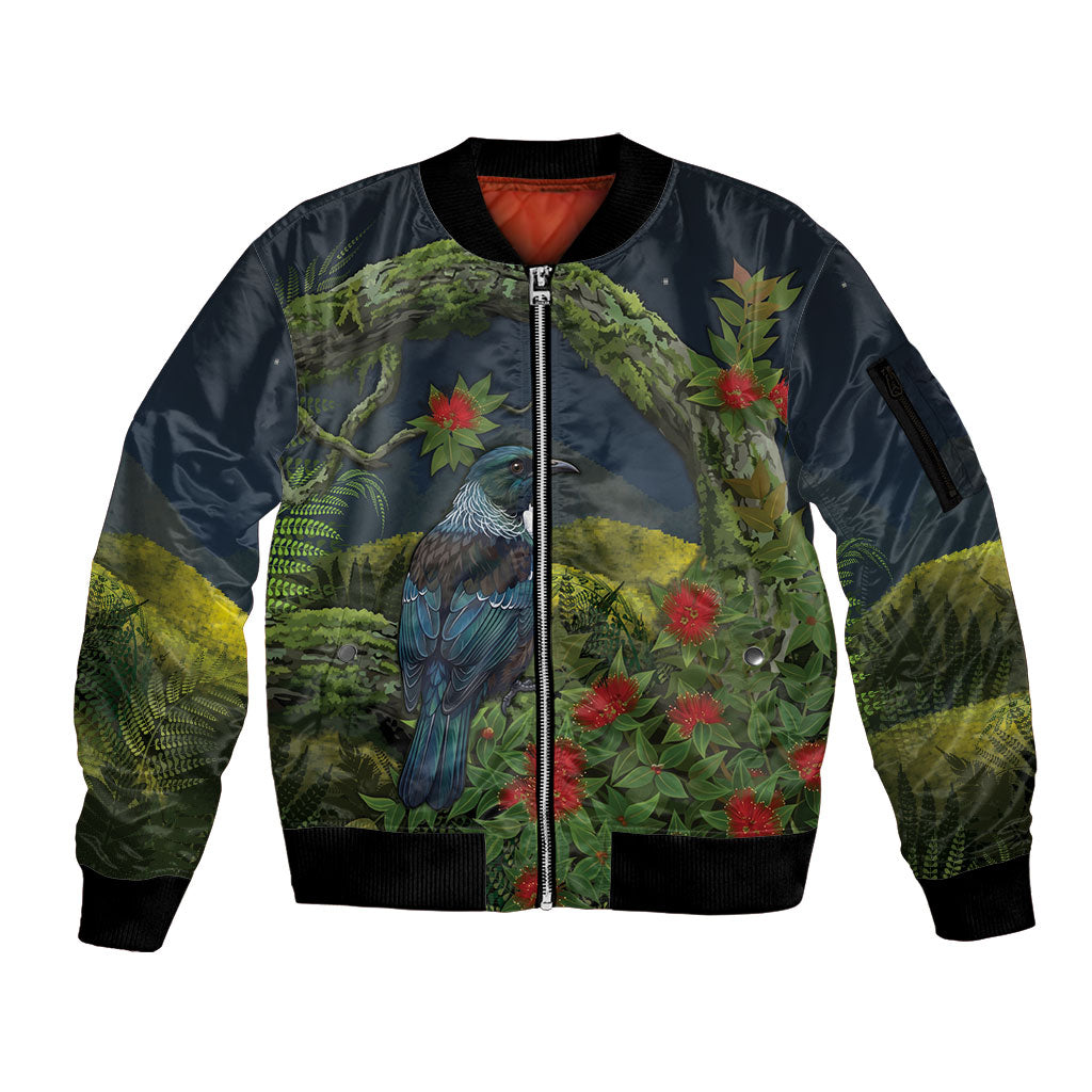 Rongoa Maori New Zealand Rata Sleeve Zip Bomber Jacket NZ Tui Bird Forest Vibes