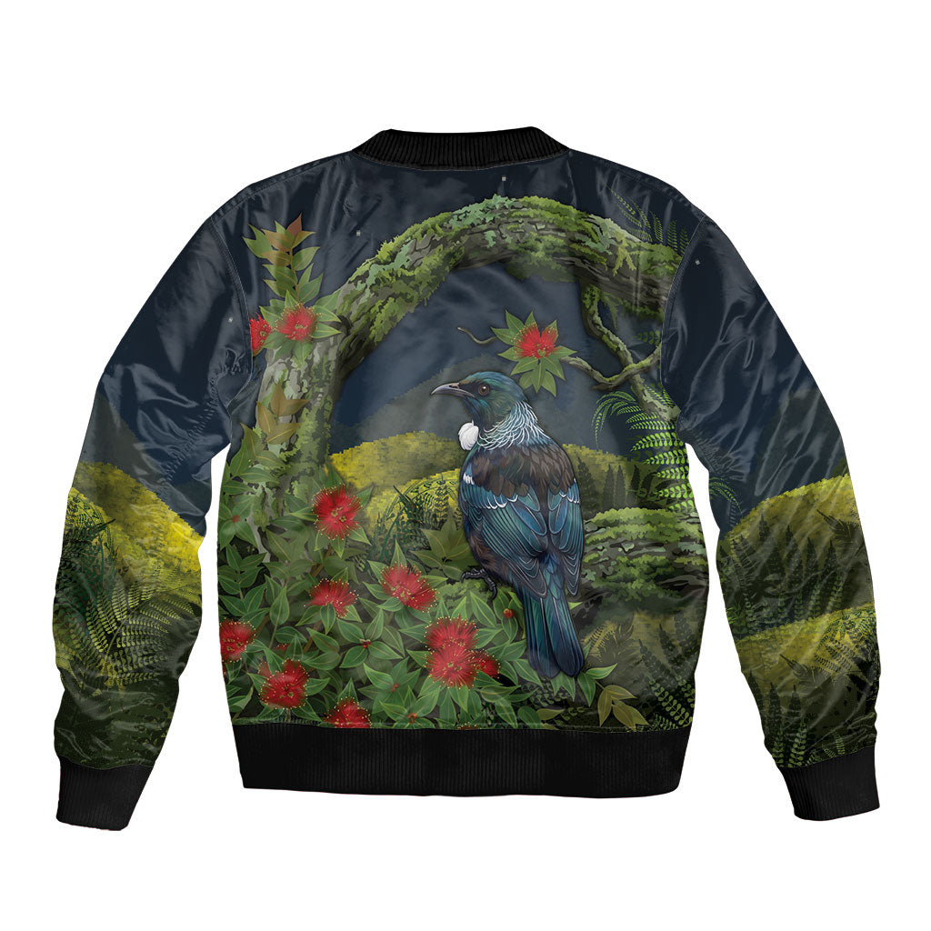 Rongoa Maori New Zealand Rata Sleeve Zip Bomber Jacket NZ Tui Bird Forest Vibes