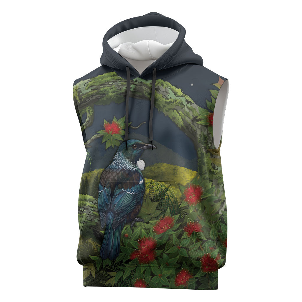 Rongoa Maori New Zealand Rata Sleeveless Hoodie NZ Tui Bird Forest Vibes