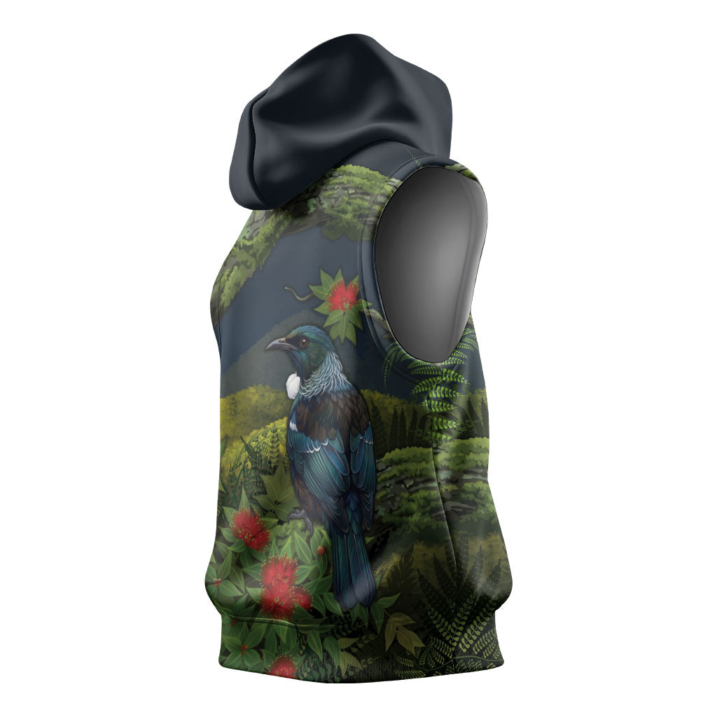 Rongoa Maori New Zealand Rata Sleeveless Hoodie NZ Tui Bird Forest Vibes