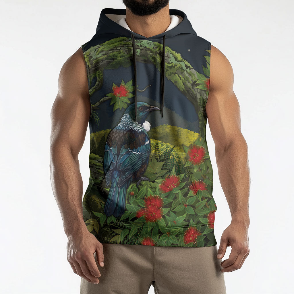 Rongoa Maori New Zealand Rata Sleeveless Hoodie NZ Tui Bird Forest Vibes