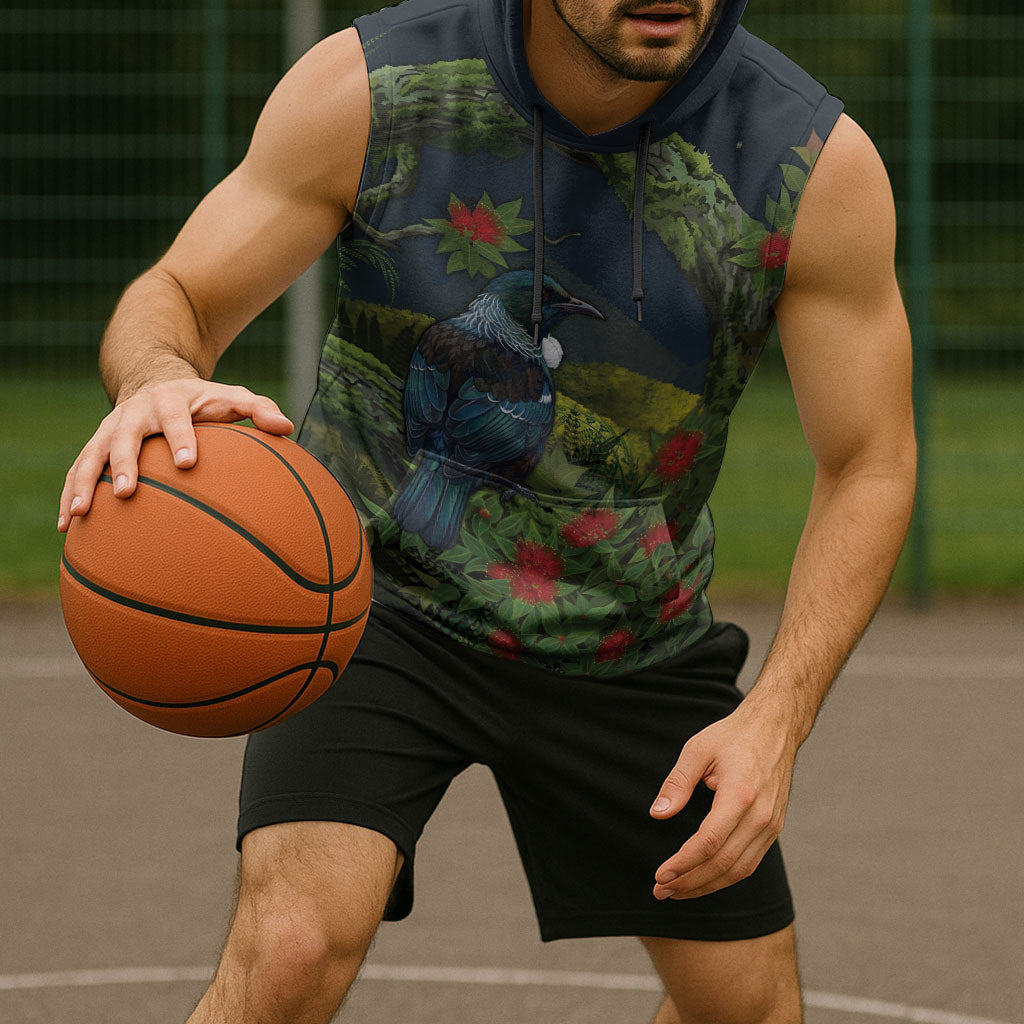 Rongoa Maori New Zealand Rata Sleeveless Hoodie NZ Tui Bird Forest Vibes