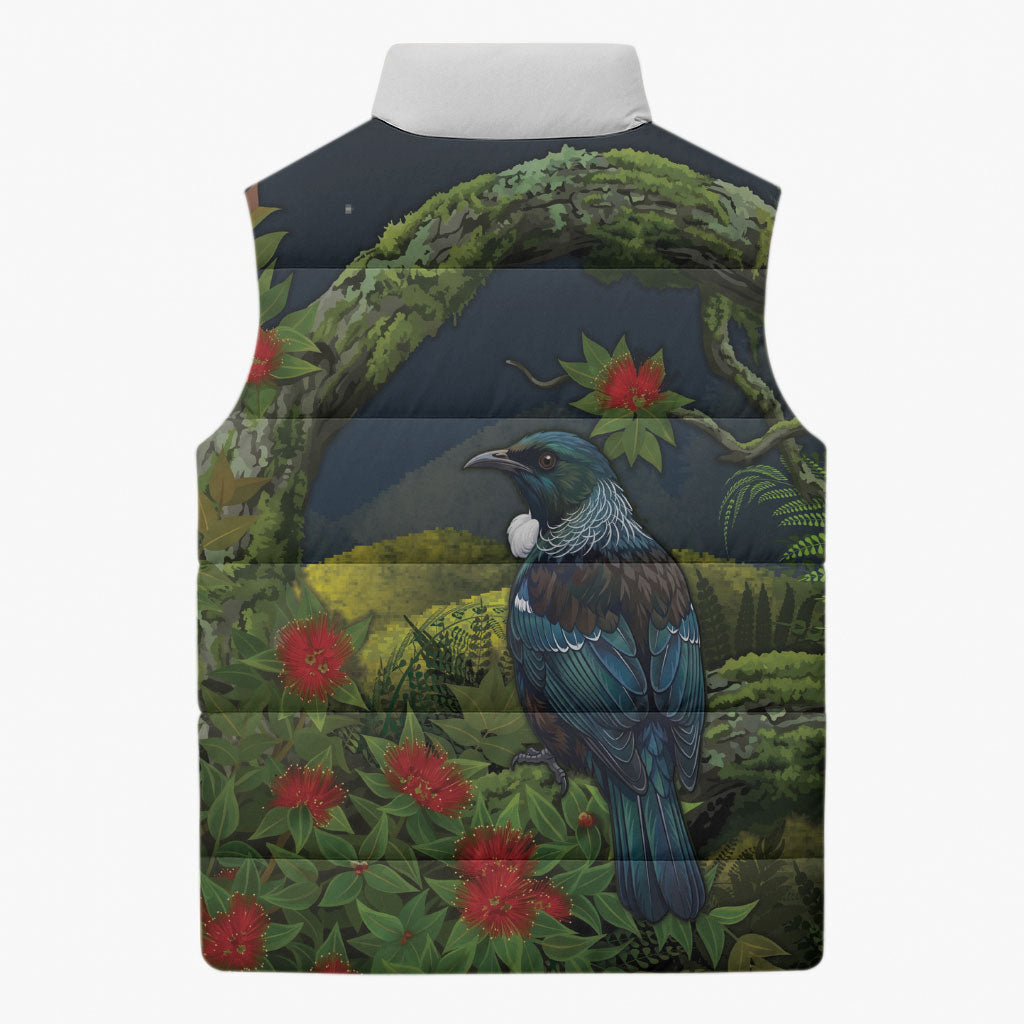 Rongoa Maori New Zealand Rata Sleeveless Puffer Jacket NZ Tui Bird Forest Vibes