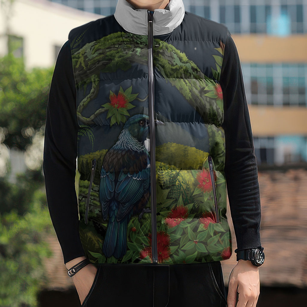 Rongoa Maori New Zealand Rata Sleeveless Puffer Jacket NZ Tui Bird Forest Vibes