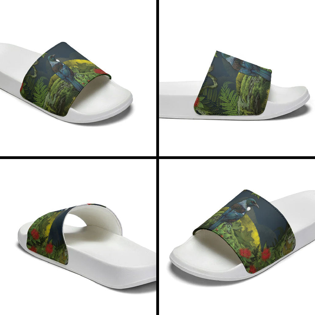 Rongoa Maori New Zealand Rata Slide Sandals NZ Tui Bird Forest Vibes