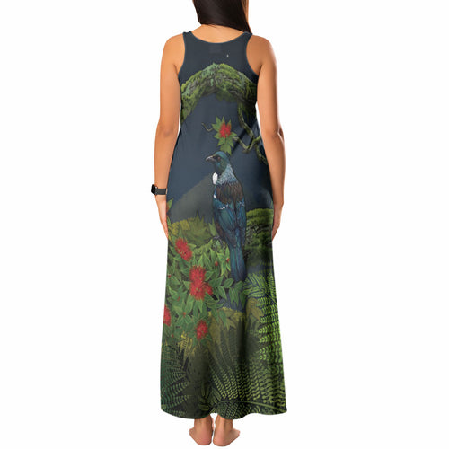 Rongoa Maori New Zealand Rata Tank Maxi Dress NZ Tui Bird Forest Vibes