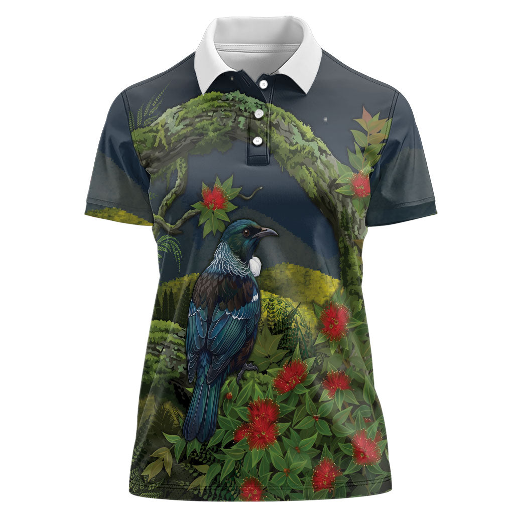Rongoa Maori New Zealand Rata Women Polo Shirt NZ Tui Bird Forest Vibes